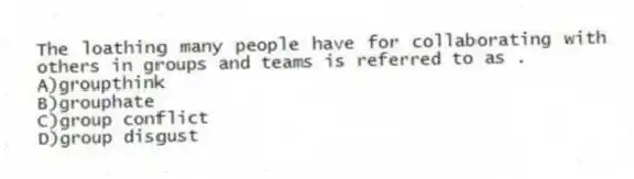 The loathing many people have for collaborating with others in groups and teams is referred to as .
A)groupthink
B)grouphate
C)group conflict
D)group disgust