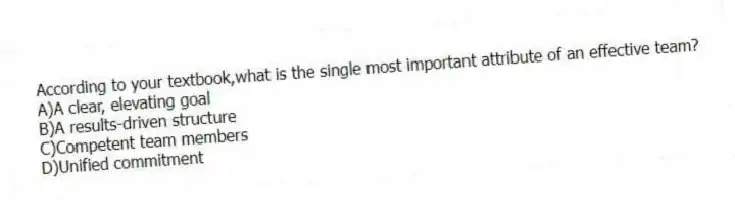 According to your textbook,what is the single most important attribute of an effective team?
A)A clear, elevating goal
B)A results-driven structure
C)Competent team members
D)Unified commitment