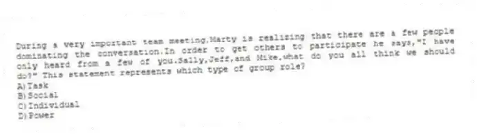 During a very important team meeting,Marty is realizing that there are a few people dominating the conversation.In order to get others to participate he says,"I have only heard from a few of you.Sally,Jeff,and Mike,what do you all think we should do?" This statement represents which type of group role?
A)Task
B)Social
C)Individual
D)Power