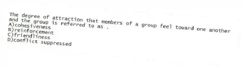The degree of attraction that members of a group feel toward one another and the group is referred to as .
A)cohesiveness
B)reinforcement
C)friendliness
D)conflict suppressed