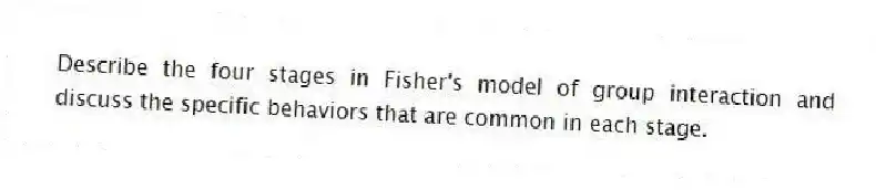 Describe the four stages in Fisher's model of group interaction and discuss the specific behaviors that are common in each stage.