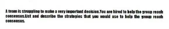 A team is struggling to make a very important decision.You are hired to help the group reach consensus.List and describe the strategies that you would use to help the group reach consensus.