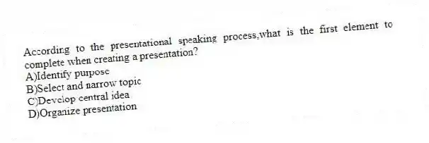 According to the presentational speaking process,what is the first element to complete when creating a presentation?
A)Identify purpose
B)Select and narrow topic
C)Develop central idea
D)Organize presentation