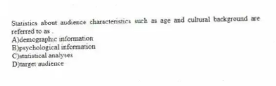 Statistics about audience characteristics such as age and cultural background are referred to as .
A)demographic information
B)psychological information
C)statistical analyses
D)target audience