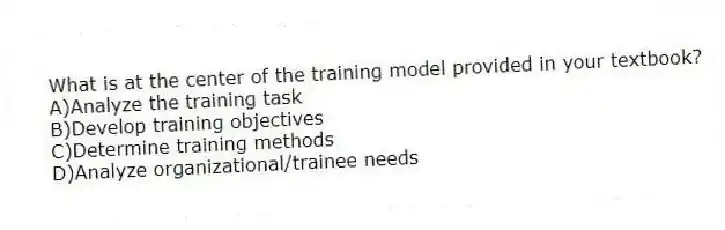 What is at the center of the training model provided in your textbook?
A)Analyze the training task
B)Develop training objectives
C)Determine training methods
D)Analyze organizational/trainee needs