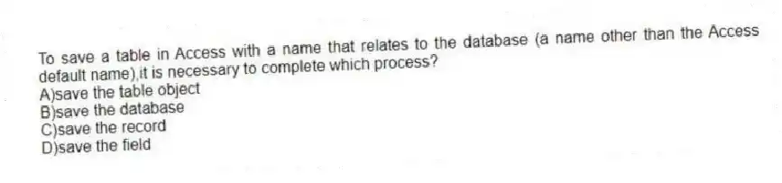 To save a table in Access with a name that relates to the database (a name other than the Access default name),it is necessary to complete which process?
A)save the table object
B)save the database
C)save the record
D)save the field