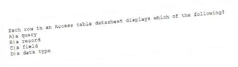Each row in an Access table datasheet displays which of the following?
A)a query
B)a record
C)a field
D)a data type
