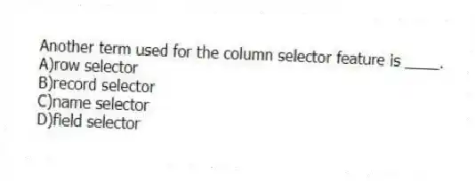 Another term used for the column selector feature is ____.
A)row selector
B)record selector
C)name selector
D)field selector