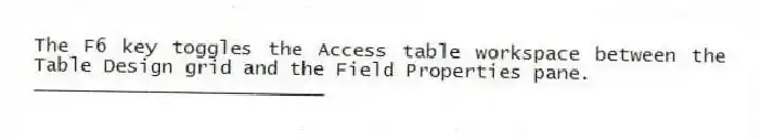 The F6 key toggles the Access table workspace between the Table Design grid and the Field Properties pane.
_________________________