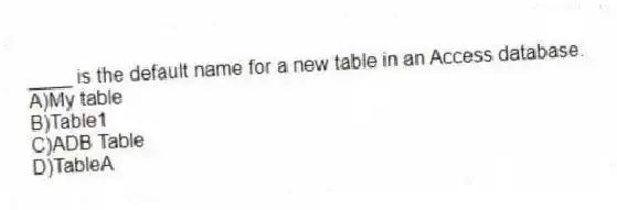 ____ is the default name for a new table in an Access database.
A)My table
B)Table1
C)ADB Table
D)TableA