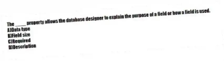 The ____ property allows the database designer to explain the purpose of a field or how a field is used.
A)Data type
B)Field size
C)Required
D)Description