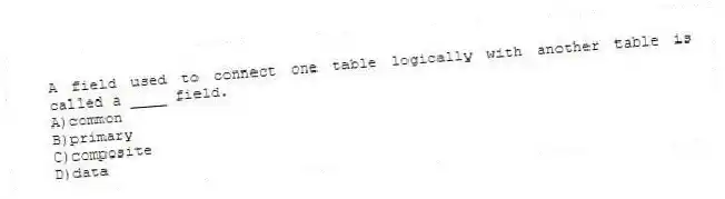 A field used to connect one table logically with another table is called a ____ field.
A)common
B)primary
C)composite
D)data