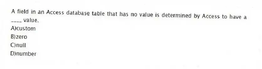 A field in an Access database table that has no value is determined by Access to have a ____ value.
A)custom
B)zero
C)null
D)number