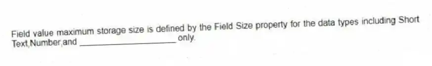 Field value maximum storage size is defined by the Field Size property for the data types including Short Text,Number,and ____________________ only.