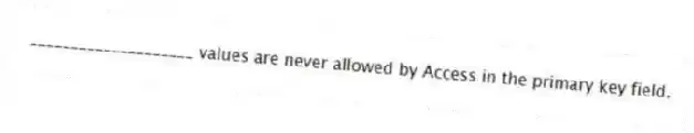 ____________________ values are never allowed by Access in the primary key field.