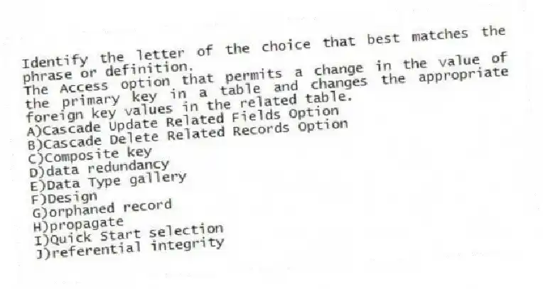 Identify the letter of the choice that best matches the phrase or definition.
-The Access option that permits a change in the value of the primary key in a table and changes the appropriate foreign key values in the related table.
A)Cascade Update Related Fields Option
B)Cascade Delete Related Records Option
C)Composite key
D)data redundancy
E)Data Type gallery
F)Design
G)orphaned record
H)propagate
I)Quick Start selection
J)referential integrity
