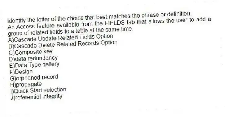 Identify the letter of the choice that best matches the phrase or definition.
-An Access feature available from the FIELDS tab that allows the user to add a group of related fields to a table at the same time.
A)Cascade Update Related Fields Option
B)Cascade Delete Related Records Option
C)Composite key
D)data redundancy
E)Data Type gallery
F)Design
G)orphaned record
H)propagate
I)Quick Start selection
J)referential integrity