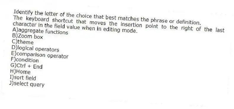 Identify the letter of the choice that best matches the phrase or definition.
-The keyboard shortcut that moves the insertion point to the right of the last character in the field value when in editing mode.
A)aggregate functions
B)Zoom box
C)theme
D)logical operators
E)comparison operator
F)condition
G)Ctrl + End
H)Home
I)sort field
J)select query