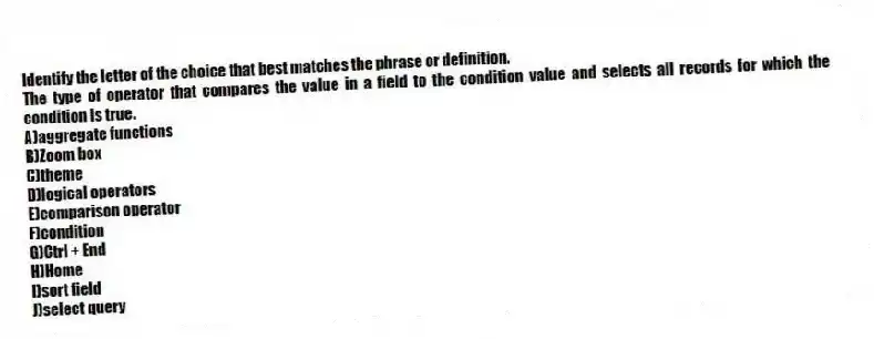 Identify the letter of the choice that best matches the phrase or definition.
-The type of operator that compares the value in a field to the condition value and selects all records for which the condition is true.
A)aggregate functions
B)Zoom box
C)theme
D)logical operators
E)comparison operator
F)condition
G)Ctrl + End
H)Home
I)sort field
J)select query