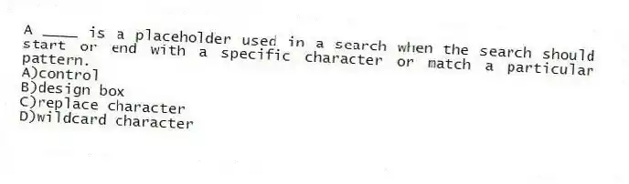 A ____ is a placeholder used in a search when the search should start or end with a specific character or match a particular pattern.
A)control
B)design box
C)replace character
D)wildcard character