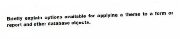 Briefly explain options available for applying a theme to a form or report and other database objects.