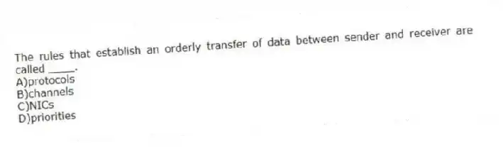The rules that establish an orderly transfer of data between sender and receiver are called ____.
A)protocols
B)channels
C)NICs
D)priorities