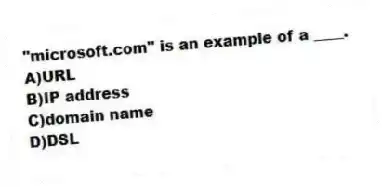 "microsoft.com" is an example of a ____.
A)URL
B)IP address
C)domain name
D)DSL