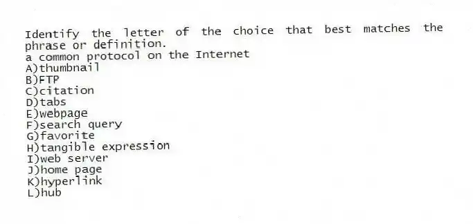 Identify the letter of the choice that best matches the phrase or definition.
-a common protocol on the Internet
A)thumbnail
B)FTP
C)citation
D)tabs
E)webpage
F)search query
G)favorite
H)tangible expression
I)web server
J)home page
K)hyperlink
L)hub