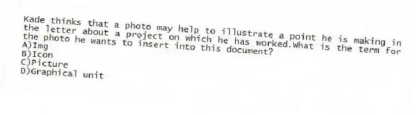 Kade thinks that a photo may help to illustrate a point he is making in the letter about a project on which he has worked.What is the term for the photo he wants to insert into this document?
A)Img
B)Icon
C)Picture
D)Graphical unit