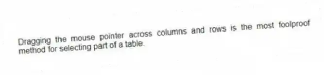 Dragging the mouse pointer across columns and rows is the most foolproof method for selecting part of a table.