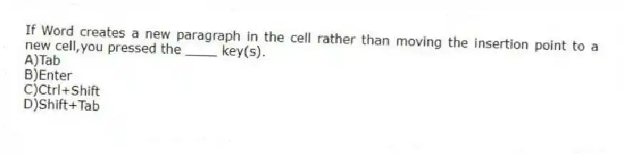 If Word creates a new paragraph in the cell rather than moving the insertion point to a new cell,you pressed the ____ key(s).
A)Tab
B)Enter
C)Ctrl+Shift
D)Shift+Tab