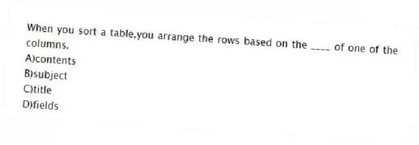 When you sort a table,you arrange the rows based on the ____ of one of the columns.
A)contents
B)subject
C)title
D)fields