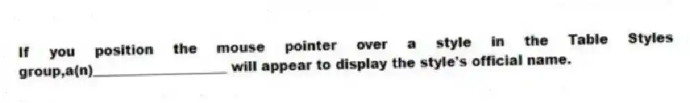 If you position the mouse pointer over a style in the Table Styles group,a(n)____________________ will appear to display the style's official name.