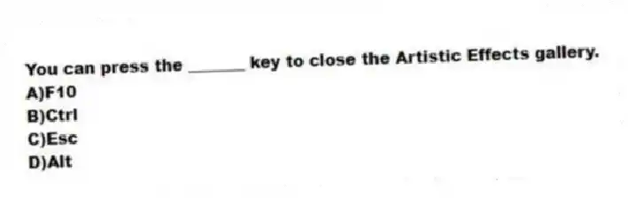 You can press the _______ key to close the Artistic Effects gallery.
A)F10
B)Ctrl
C)Esc
D)Alt