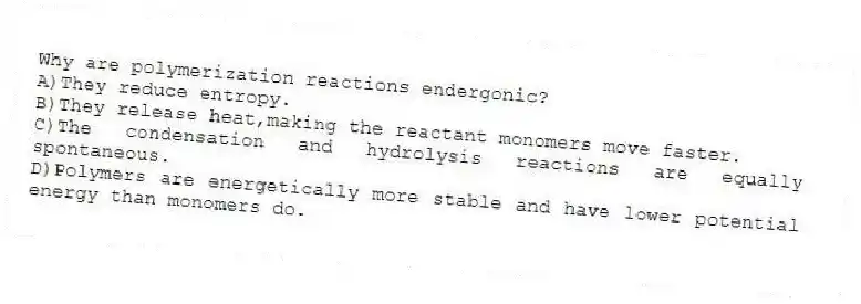 Why are polymerization reactions endergonic?
A)They reduce entropy.
B)They release heat,making the reactant monomers move faster.
C)The condensation and hydrolysis reactions are equally spontaneous.
D)Polymers are energetically more stable and have lower potential energy than monomers do.