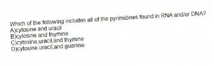 Which of the following includes all of the pyrimidines found in RNA and/or DNA?
A)cytosine and uracil
B)cytosine and thymine
C)cytosine,uracil,and thymine
D)cytosine,uracil,and guanine