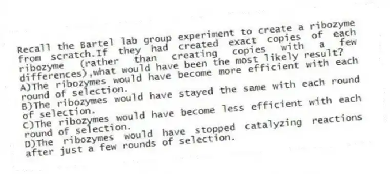 Recall the Bartel lab group experiment to create a ribozyme from scratch.If they had created exact copies of each ribozyme (rather than creating copies with a few differences),what would have been the most likely result?
A)The ribozymes would have become more efficient with each round of selection.
B)The ribozymes would have stayed the same with each round of selection.
C)The ribozymes would have become less efficient with each round of selection.
D)The ribozymes would have stopped catalyzing reactions after just a few rounds of selection.