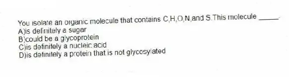 You isolate an organic molecule that contains C,H,O,N,and S.This molecule _____.
A)is definitely a sugar
B)could be a glycoprotein
C)is definitely a nucleic acid
D)is definitely a protein that is not glycosylated