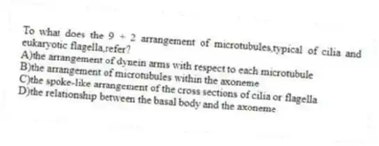 To what does the 9 + 2 arrangement of microtubules,typical of cilia and eukaryotic flagella,refer?
A)the arrangement of dynein arms with respect to each microtubule
B)the arrangement of microtubules within the axoneme
C)the spoke-like arrangement of the cross sections of cilia or flagella
D)the relationship between the basal body and the axoneme
