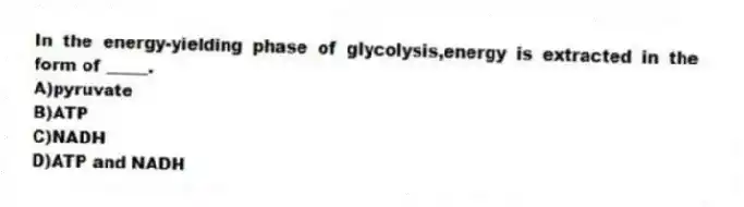In the energy-yielding phase of glycolysis,energy is extracted in the form of _____.
A)pyruvate
B)ATP
C)NADH
D)ATP and NADH