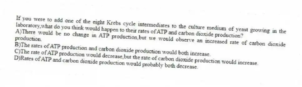 If you were to add one of the eight Krebs cycle intermediates to the culture medium of yeast growing in the laboratory,what do you think would happen to their rates of ATP and carbon dioxide production?
A)There would be no change in ATP production,but we would observe an increased rate of carbon dioxide production.
B)The rates of ATP production and carbon dioxide production would both increase.
C)The rate of ATP production would decrease,but the rate of carbon dioxide production would increase.
D)Rates of ATP and carbon dioxide production would probably both decrease.