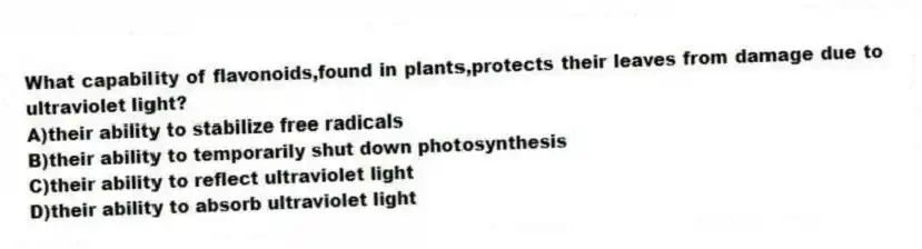 What capability of flavonoids,found in plants,protects their leaves from damage due to ultraviolet light?
A)their ability to stabilize free radicals
B)their ability to temporarily shut down photosynthesis
C)their ability to reflect ultraviolet light
D)their ability to absorb ultraviolet light