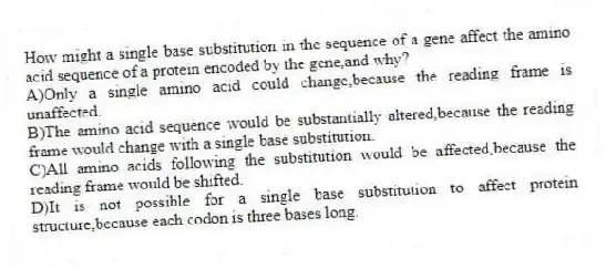 How might a single base substitution in the sequence of a gene affect the amino acid sequence of a protein encoded by the gene,and why?
A)Only a single amino acid could change,because the reading frame is unaffected.
B)The amino acid sequence would be substantially altered,because the reading frame would change with a single base substitution.
C)All amino acids following the substitution would be affected,because the reading frame would be shifted.
D)It is not possible for a single base substitution to affect protein structure,because each codon is three bases long.
