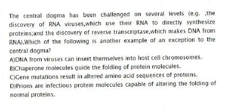 The central dogma has been challenged on several levels (e.g. ,the discovery of RNA viruses,which use their RNA to directly synthesize proteins;and the discovery of reverse transcriptase,which makes DNA from RNA).Which of the following is another example of an exception to the central dogma?
A)DNA from viruses can insert themselves into host cell chromosomes.
B)Chaperone molecules guide the folding of protein molecules.
C)Gene mutations result in altered amino acid sequences of proteins.
D)Prions are infectious protein molecules capable of altering the folding of normal proteins.