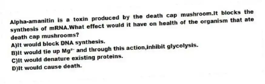 Alpha-amanitin is a toxin produced by the death cap mushroom.It blocks the synthesis of mRNA.What effect would it have on health of the organism that ate death cap mushrooms?
A)It would block DNA synthesis.
B)It would tie up Mg²⁺ and through this action,inhibit glycolysis.
C)It would denature existing proteins.
D)It would cause death.