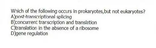 Which of the following occurs in prokaryotes,but not eukaryotes?
A)post-transcriptional splicing
B)concurrent transcription and translation
C)translation in the absence of a ribosome
D)gene regulation
