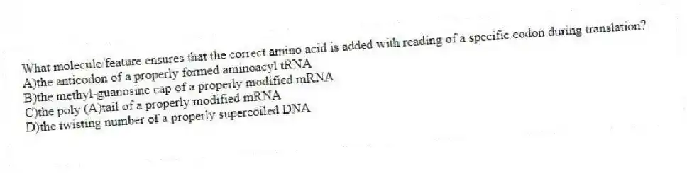 What molecule/feature ensures that the correct amino acid is added with reading of a specific codon during translation?
A)the anticodon of a properly formed aminoacyl tRNA
B)the methyl-guanosine cap of a properly modified mRNA
C)the poly (A)tail of a properly modified mRNA
D)the twisting number of a properly supercoiled DNA