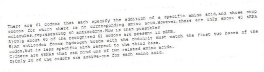 There are 61 codons that each specify the addition of a specific amino acid,and three stop codons for which there is no corresponding amino acid.However,there are only about 40 tRNA molecules,representing 40 anticodons.How is that possible?
A)Only about 40 of the recognized 61 codons are present in mRNA.
B)An anticodon forms hydrogen bonds with the codon;it must match the first two bases of the codon,but is less specific with respect to the third base.
C)There are tRNAs that can bind one of two related amino acids.
D)Only 20 of the codons are active-one for each amino acid.