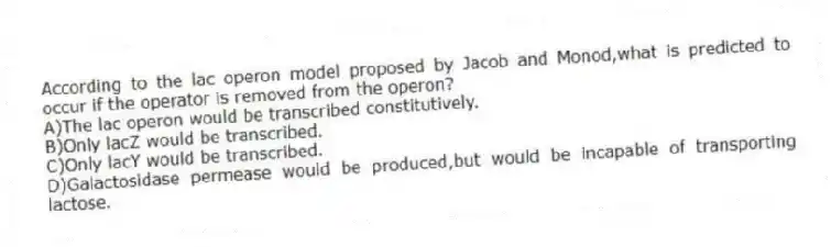 According to the lac operon model proposed by Jacob and Monod,what is predicted to occur if the operator is removed from the operon?
A)The lac operon would be transcribed constitutively.
B)Only lacZ would be transcribed.
C)Only lacY would be transcribed.
D)Galactosidase permease would be produced,but would be incapable of transporting lactose.