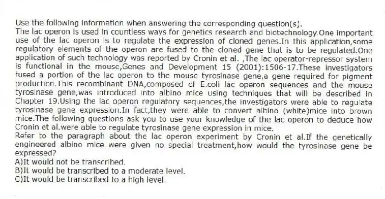 Use the following information when answering the corresponding question(s).
The lac operon is used in countless ways for genetics research and biotechnology.One important use of the lac operon is to regulate the expression of cloned genes.In this application,some regulatory elements of the operon are fused to the cloned gene that is to be regulated.One application of such technology was reported by Cronin et al. ,The lac operator-repressor system is functional in the mouse,Genes and Development 15 (2001):1506-17.These investigators fused a portion of the lac operon to the mouse tyrosinase gene,a gene required for pigment production.This recombinant DNA,composed of E.coli lac operon sequences and the mouse tyrosinase gene,was introduced into albino mice using techniques that will be described in Chapter 19.Using the lac operon regulatory sequences,the investigators were able to regulate tyrosinase gene expression.In fact,they were able to convert albino (white)mice into brown mice.The following questions ask you to use your knowledge of the lac operon to deduce how Cronin et al.were able to regulate tyrosinase gene expression in mice.
-Refer to the paragraph about the lac operon experiment by Cronin et al.If the genetically engineered albino mice were given no special treatment,how would the tyrosinase gene be expressed?
A)It would not be transcribed.
B)It would be transcribed to a moderate level.
C)It would be transcribed to a high level.